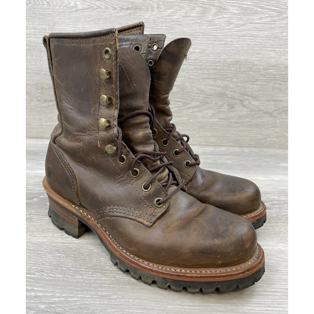 Frye Women's 8M USA‎ Made Brown Leather Logger Work Boots Vibram Sole Rare